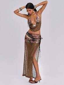 ROMWE Spring/Summer Y2K Retro Sexy Grungy Boho Style Patchwork Embroidered Mesh Waist Ruched Asymmetric Slit Maxi Skirt - Brown - View 3