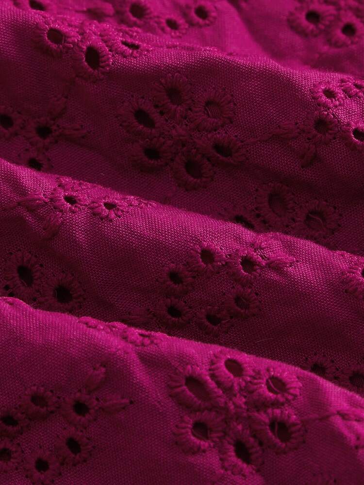 Fuchsia Embroidered V-Neck Long Sleeve Top With Puff Sleeves Romantic Spring Summer Style French Style Parisian Style Business Casual