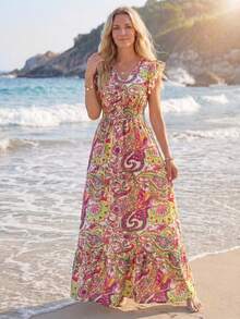 Sylviya Váy thường ngày/ngày lễ mùa hè in họa tiết cổ chữ V dành cho nữ, tay loe, eo nhún, viền bèo - Nhiều màu - Xem 3