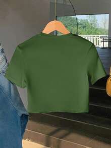 Casual Solid Color Fitted Cropped T-Shirt - Green - View 2