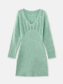 lacRébo Vestido corto de manga larga con cuello en V de punto de crochet y punto de canalé en color verde salvia para primavera y verano - Verde - Ver 6
