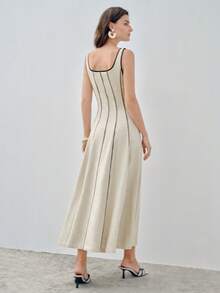 SHEIN x PRISCILA & JIMENA MOTF PREMIUM 對比色包邊方領擴擺裙 - 杏色 - 查看 5