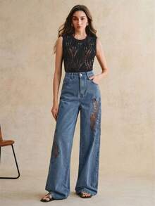 Anewsta Women's Fashionable Luxurious Sexy Side Hollow Embroidered Romantic Party Vacation Black Straight Leg Jeans, Spring/Summer - Blue - View 5