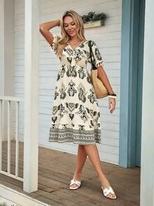 Louniche Women's Casual Vacation Print V-Neck Fringe Splice Raglan Sleeve Waist A-Line Midi Dress, Spring/Summer - Multicolor - View 3