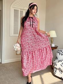 Celure Plus Size French Rose Print Pink Floral Dress,Sleeveless Irregular Ruffle Hem Flared Skirt,Cute Summer Holiday Beach Vacation,Date Party - Pink - View 6
