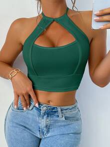 VaVaBold Top de camiseta de mujer de punto acanalado de unicolor y sexy - Verde - Ver 5