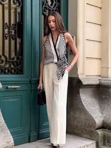 Pariaura 2026夏季新款都市时尚风，黑色杏色几何图案无袖上衣，飘逸缎面面料，系带V领设计吊带背心，通勤休闲两相宜，尽显高端质感，舒适面料，法式优雅通勤度假吊带背心，弹性下摆，蝴蝶结前襟，女士新款夏季吊带背心，优雅吊带背心 - 彩色 - 查看 5