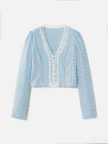 lacRébo 天蓝色弹力刺绣长袖上衣，饰有蕾丝花边和纽扣前开襟，可爱春夏复古风，法式巴黎风。 - 淺藍色 - 查看 7