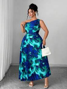 Elenzga 大码女装春夏新款无袖不对称肩部印花褶皱连衣裙，波西米亚风优雅浪漫度假连衣裙 - 藍色 - 查看 5