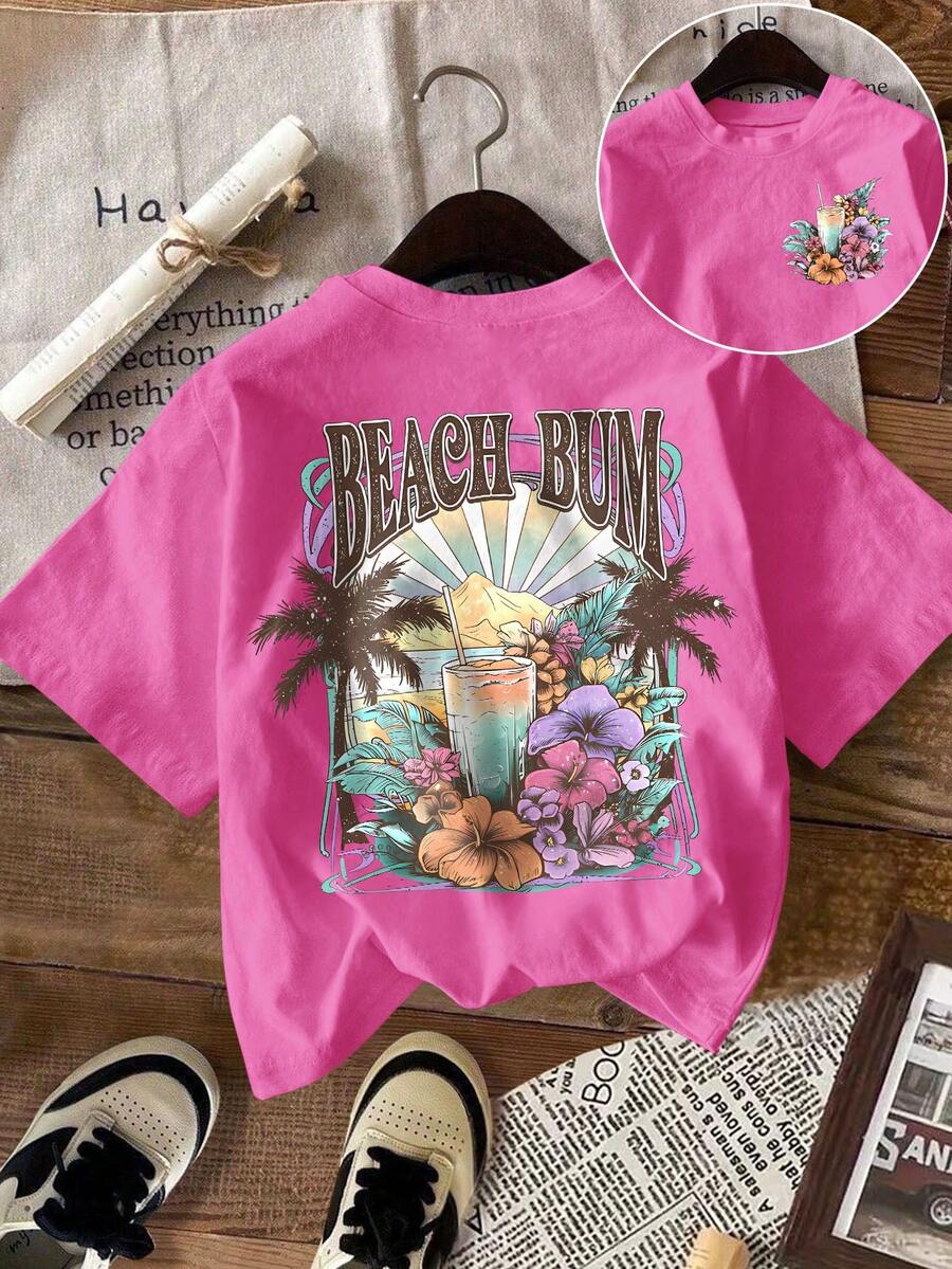 DrmWander 大码女式标语印花圆领短袖休闲百搭T恤 - 玫紅色 - 查看 1