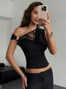 Aloruh Áo thun nữ mùa hè màu đen trơn, cổ tròn, ren, dáng ôm, kiểu dáng thanh lịch. - màu đen - Xem 4