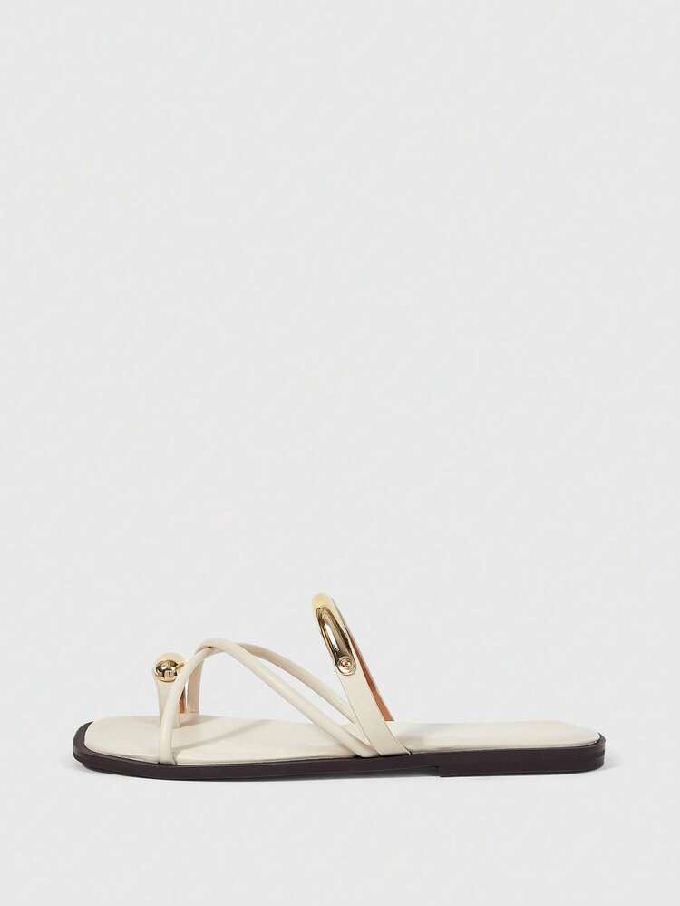 Ladies Comfortable Flat Wear-Resistant Versatile Metal Outdoor Flip-Flops Slippers Summer Shoes - Apricot - View 2