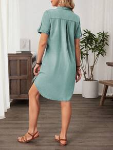 EMERY ROSE Plus Size Women V-Neck Single-Breasted Casual Denim Dress For Daily Wear - Green - View 3
