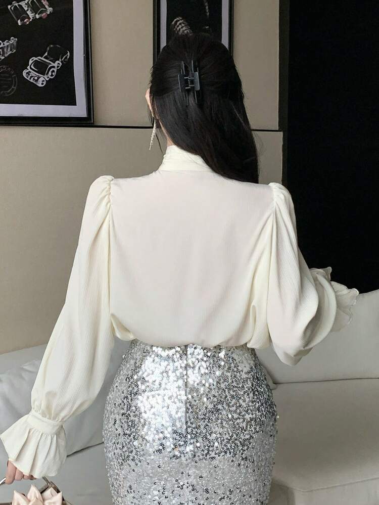 Women's Solid Color Tie Collar Ruched Elegant Fashion Long Sleeve T-Shirt