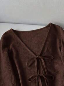 Resyla Women's Casual Solid Color Tie-Up Shirt & Shorts Set - Brown - View 3