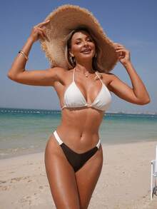 Swim Vcay Women's Chocolate Brown Colorblock Triangle Bikini Bottom,Elegant Summer Beach Holiday Swimwear,Bohemian Mid Rise Layered Bohemian Vacation Swimsuit - Brown - View 5