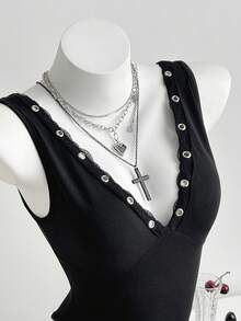 StreetHx 休闲百搭蕾丝深V领镂空装饰连体衣，黑色，春夏款 - 黑色 - 查看 9