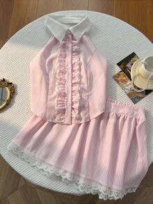 Elamini Women's Sleeveless Striped Ruffle Hem Casual Summer Tank Top And Mini Skirt 2 Pieces Set - Pink - View 3