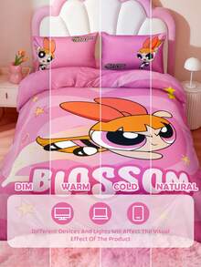 THE POWERPUFF GIRLS X SHEIN 三件套玫瑰粉卡通印花被套，柔软磨砂面料，粉色被套，心形、星星、卡通人物图案，多种尺寸可选，适用于单人床、双人床、特大号床和加大号床。 - 粉色 - 查看 7