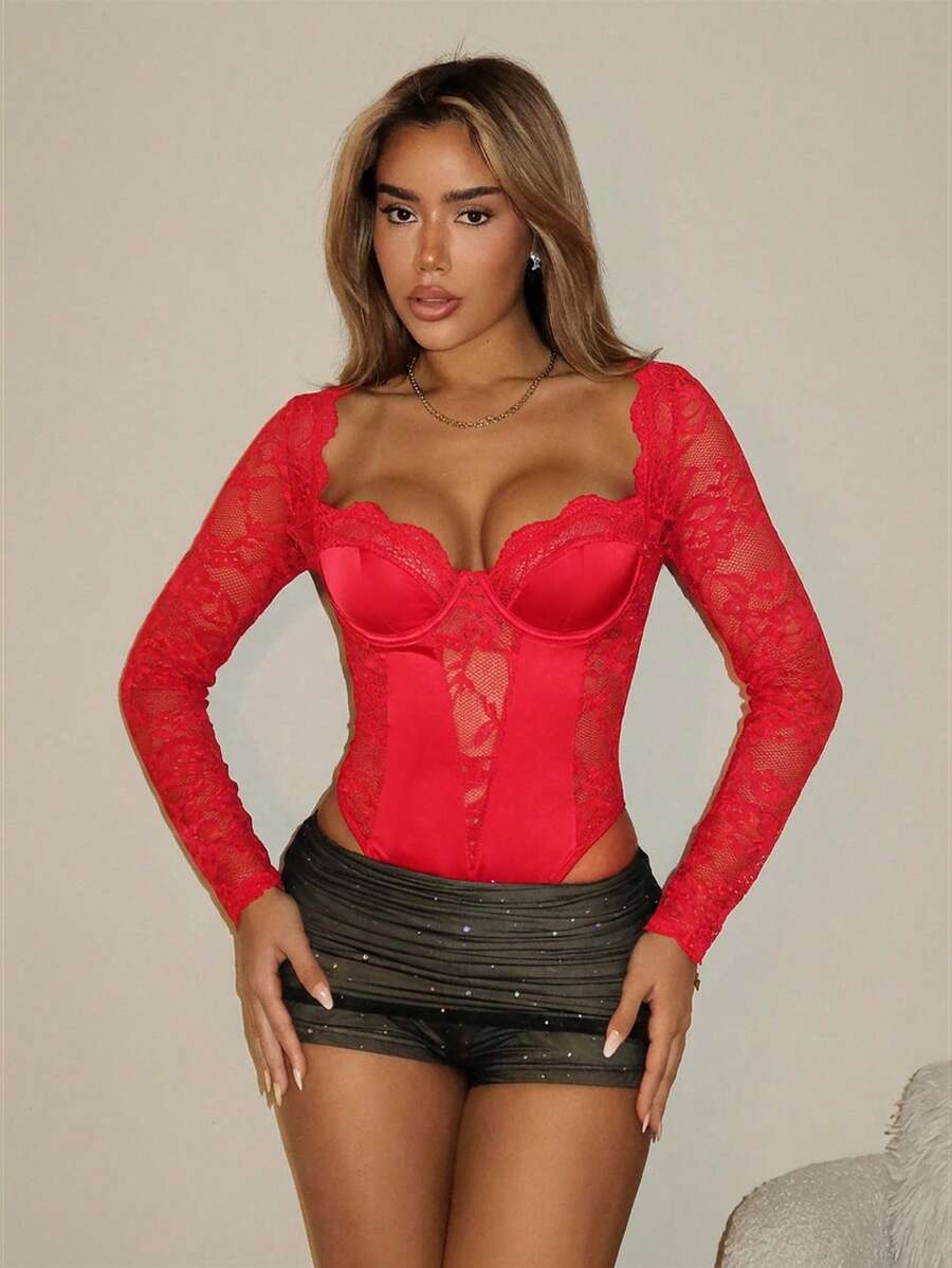 SHEIN ICON Y2K蕾丝拼接紧身长袖露背高腰连体衣（女款） - 紅色 - 查看 1