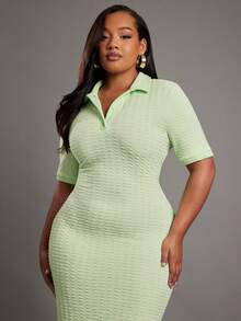 NYA SZN Avocado Green Summer Smart Casual Everyday Women's Plus Collared Textured Fitted Maxi Dress Modest Wedding Guest Prom Bridal Dinner Date Night Outfits - Green - View 3
