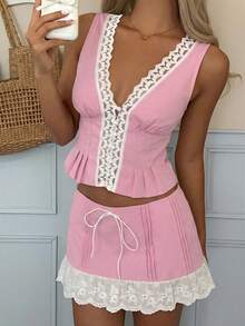 SHEIN EZwear 女士粉色蕾丝拼接V领无袖上衣和迷你裙两件套 - 粉色 - 查看 6