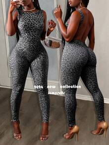 Slaydiva 新款春夏音乐节情人节休闲简约基础款Y2K街头甜美网络爆款畅销日常约会辣妹风性感圆领露背显瘦长裤豹纹紧身连体裤 -B - 黑色 - 查看 10