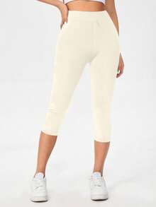 SHEIN Essnce Apricot High Waist Tight Fit Women's Cropped Leggings, Casual Sports, Spring/Summer - Apricot - View 4