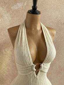 Soleia 女士白色纹理针织优雅露背圆环连体裤，性感迷人，适合万圣节、圣诞节、度假等场合。 - 杏色 - 查看 5