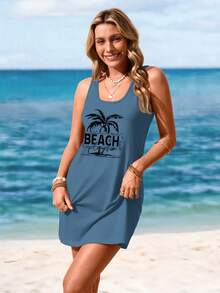 SHEIN LUNE Đầm không tay phong cách tối giản họa tiết cây cọ, thích hợp cho mùa hè, mùa xuân và kỳ nghỉ. - Màu xanh bụi bặm - Xem 3