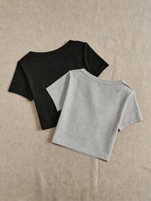 SHEIN EZwear 两件套休闲简约方领短袖修身露脐女式T恤 - 彩色 - 查看 2