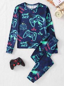 Men's Neon Glow-In-The-Dark Cartoon Gaming Theme Sleepwear Set, Long Sleeve Top And Pants, Requires UV Light To Glow - Multicolor - View 4