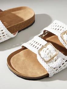 Solecia 欧美风编织双扣凉鞋，女士软木底休闲拖鞋，户外沙滩度假鞋 - 白色 - 查看 4