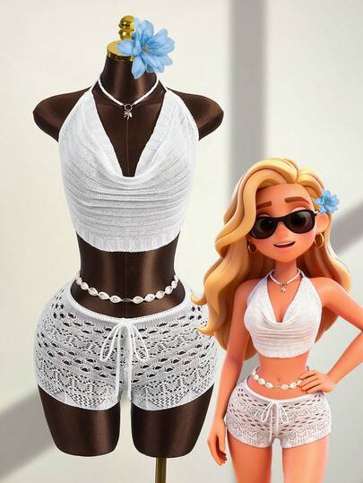 Zestiva Women's Crochet Halter Neck Cover Up Top With Drawstring Waist Shorts 2-Piece Set, For Beach & Vacation