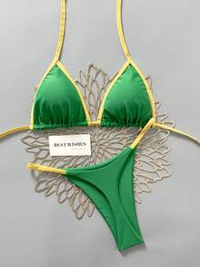 Swim Vcay Neck Tie Colorblock Thong Bikini Set, Cute Swimwear - Green - View 5