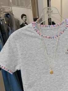 Resyla Women's Summer Cherry Shell Embroidered T-Shirt - Light Grey - View 3