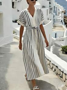 Breezaya Women's Summer Dress,Black&White Striped V-Neck Waist-Tie Textured Short Sleeve Side Slit Relaxed Fit,Clasic,Wedding,Holiday,Elegant Commuter Attire - Black and White - View 5