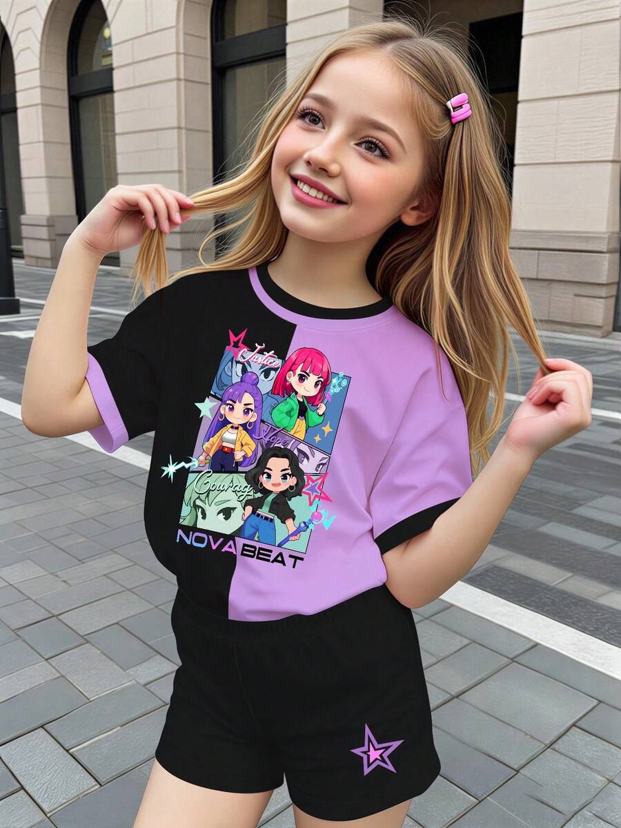 2pcs Set: Fashionable Idol Girl Group Pattern Digital Print T-Shirt & Black Shorts Set For Young Girls, & Versatile - Multicolor - View 1