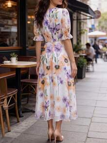 Balvessa French Print Loose Sleeve Elastic Cuff Waist Drape Flowy Dress For Women - Multicolor - View 2