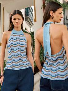 Nöista Halter Knit Top A Colorful Wave Draw. Sleeveless Top, Knit, High Neckline, Wave Pattern, Lightweight, Summer, Spring, . - Blue - View 4