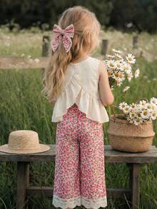 Emery Rose Kids Emery Rose Kids 两件套女童无袖纯色圆领休闲上衣和长裤套装 - 粉色 - 查看 6