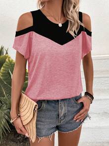 SHEIN LUNE Color Block Open Shoulder T-Shirt Graphic Tees Women Tops - Multicolor - View 3