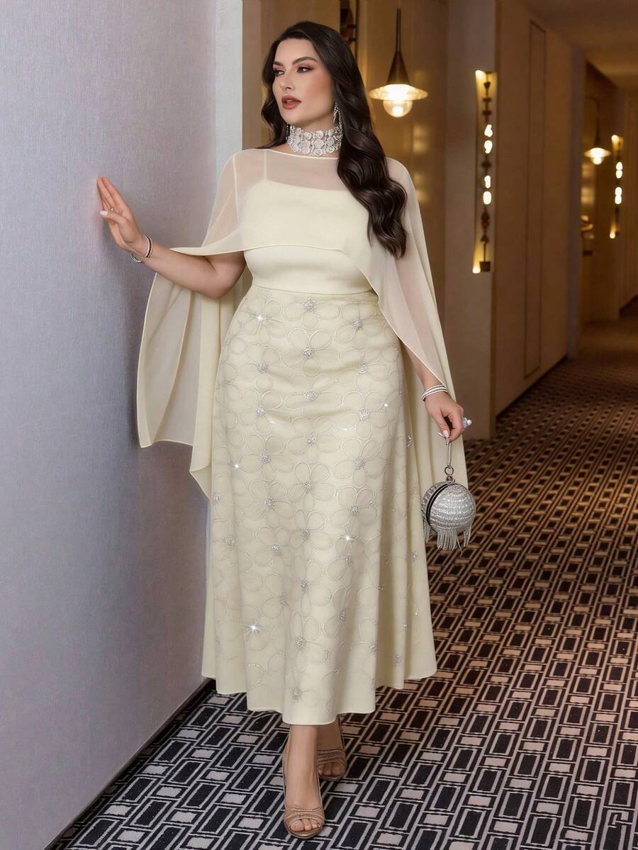 Modelyn 大码女士优雅刺绣长款两件套,珍珠装饰吊带连衣裙搭配衬衫,适合春秋季日常穿着和聚会场合。 - 杏色 - 查看 1