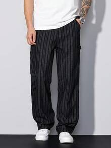 Manfinity Homme Quần jean denim jacquard kẻ sọc đen dành cho nam, kiểu dáng rộng rãi, ống quần. - màu đen - Xem 4