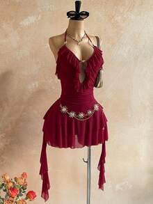 Soleia 女士休闲度假镂空荷叶边金属装饰吊带连衣裙，适合海滩、邮轮、春夏穿着 - 酒紅色 - 查看 9