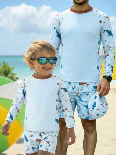 SHEIN TaviRue 3件套男童休闲夏季度假椰树印花长袖短裤套装，包含遮阳帽和泳衣，适合春夏居家、外出、旅行、海滩、泳池派对等场合。