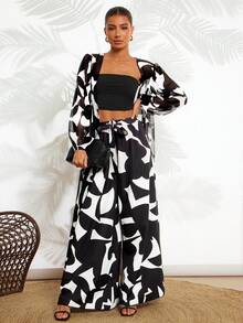 Gownix Women's 2 Pieces Set Zebra Print Outfits,Casual White And Black Wide Leg Pants Set,Bohemian Vacation Holiday Autumn Resort Wear Beach Cover Up Outfit - Black and White - View 6