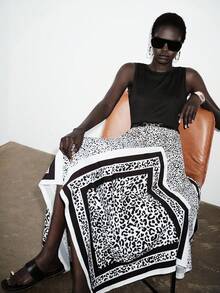 Lumivelle Women's New Round Neck Ribbed Knit Fabric Patchwork Leopard Print Asymmetrical Hem Casual Minimalist Fashion Dress, Spring/Summer Asymmetrical Skirt Wrap Skirt Black And White Skirt Graphic Print Skirt Pattern Skirt - Multicolor - View 6