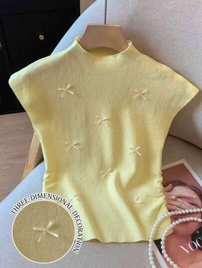 Resyla Women's Bow Decor Stand Collar Knit Top