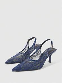 Sleekvia Women's New Pointed-Toe High-Heeled Shoes With Lace Material And Back Strap, Simple And Elegant Style Suitable For Commuting, Parties, Shopping, Wedding Season, And More - Blue - View 2